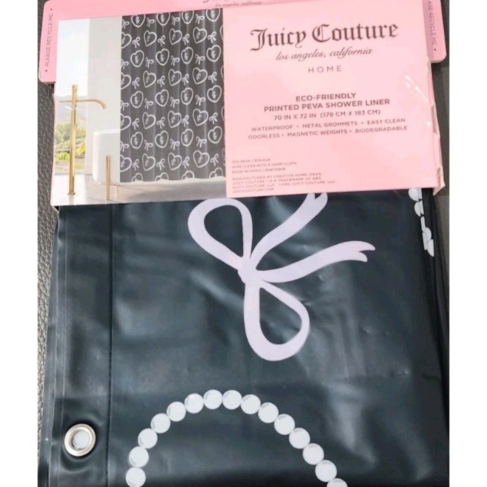 New Juicy Couture Home Hearts Bows Black Eco PEVA Shower Curtain Liner Y2K